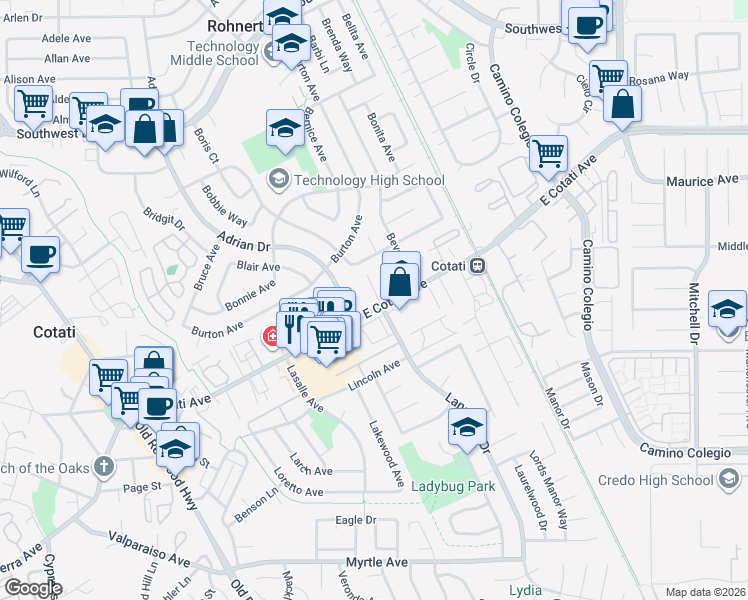 map of restaurants, bars, coffee shops, grocery stores, and more near 777 East Cotati Avenue in Rohnert Park