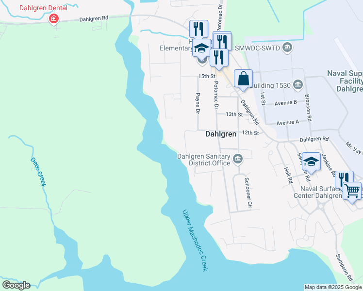 map of restaurants, bars, coffee shops, grocery stores, and more near 5526 Payne Drive in King George