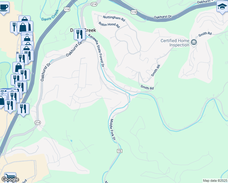 map of restaurants, bars, coffee shops, grocery stores, and more near Davis Creek in Charleston