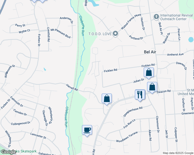 map of restaurants, bars, coffee shops, grocery stores, and more near 2 Townes Place in Fredericksburg