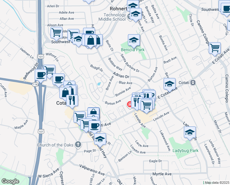 map of restaurants, bars, coffee shops, grocery stores, and more near 7523 Blair Avenue in Rohnert Park