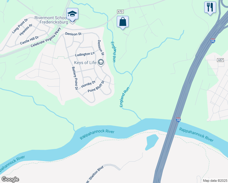 map of restaurants, bars, coffee shops, grocery stores, and more near 187 Denison Street in Fredericksburg