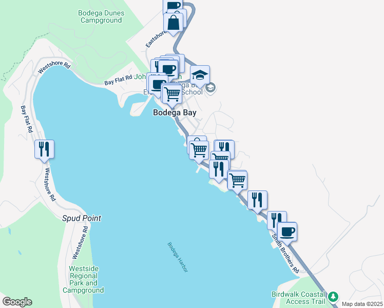 map of restaurants, bars, coffee shops, grocery stores, and more near 1010 California 1 in Bodega Bay