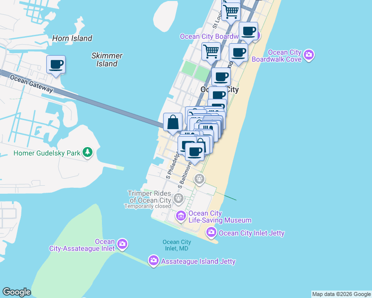map of restaurants, bars, coffee shops, grocery stores, and more near in Ocean City
