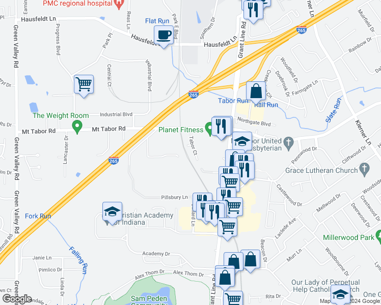 map of restaurants, bars, coffee shops, grocery stores, and more near 3429 Tabor Court in New Albany