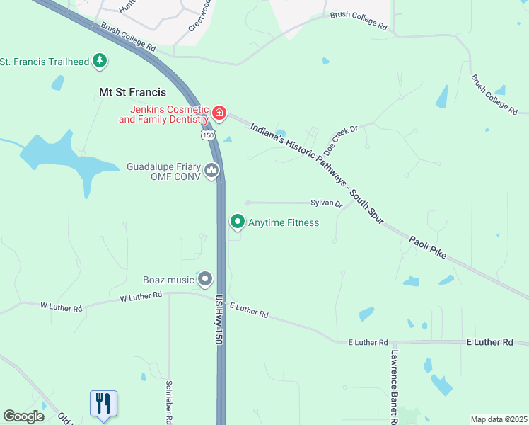 map of restaurants, bars, coffee shops, grocery stores, and more near 4112 Sylvan Drive in Floyds Knobs