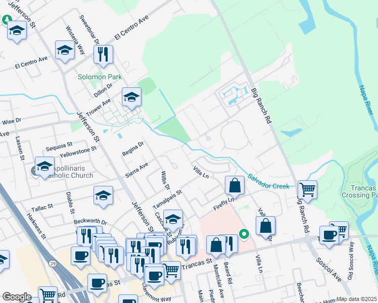 map of restaurants, bars, coffee shops, grocery stores, and more near 3824 Villa Court in Napa