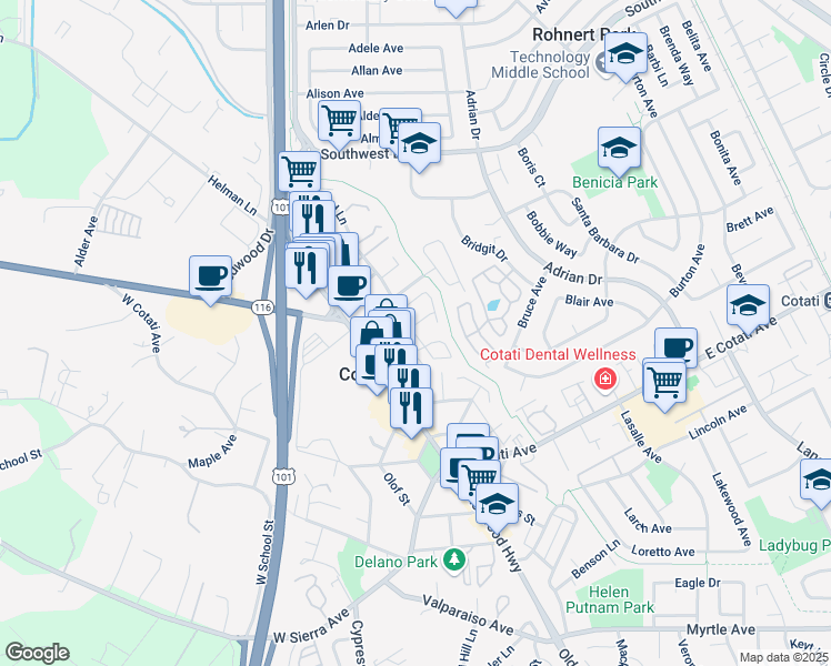 map of restaurants, bars, coffee shops, grocery stores, and more near 510 Wilford Lane in Cotati