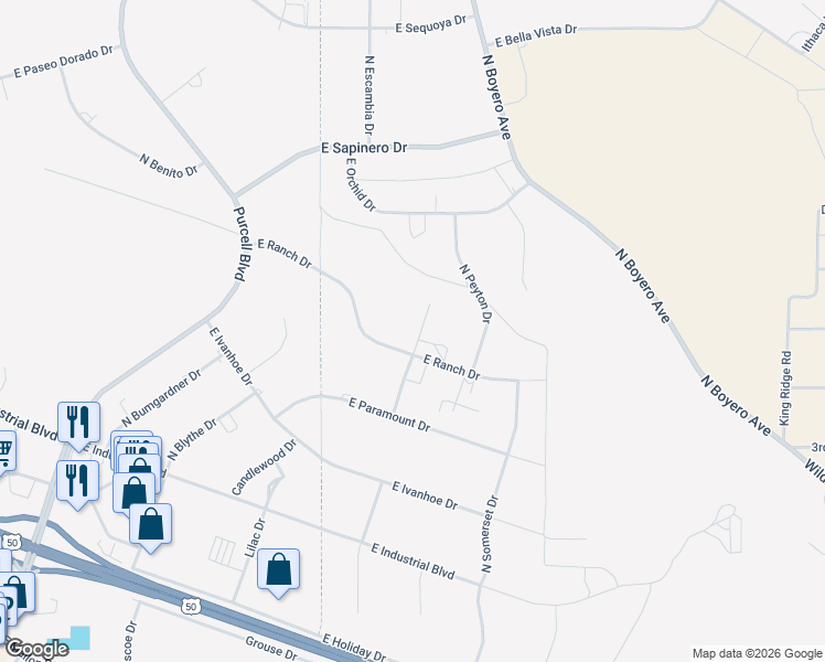 map of restaurants, bars, coffee shops, grocery stores, and more near 277 North Paramount Lane in Pueblo