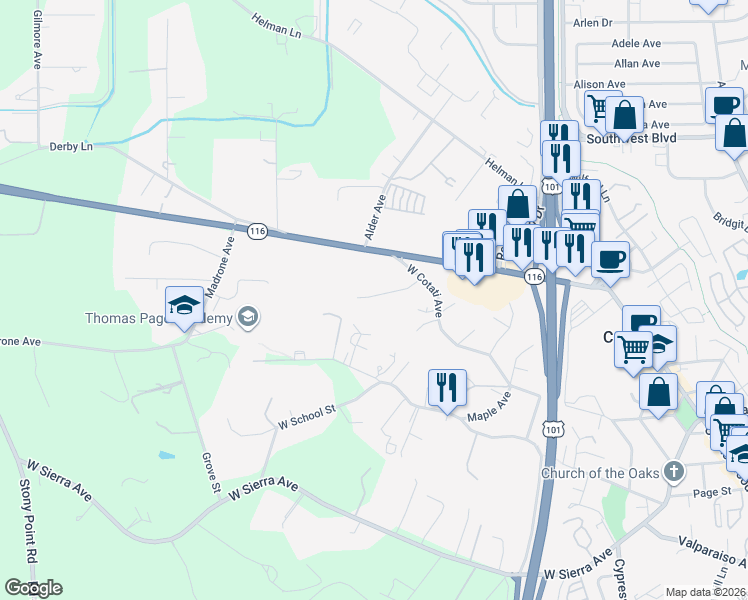 map of restaurants, bars, coffee shops, grocery stores, and more near 8184 California 116 in Cotati
