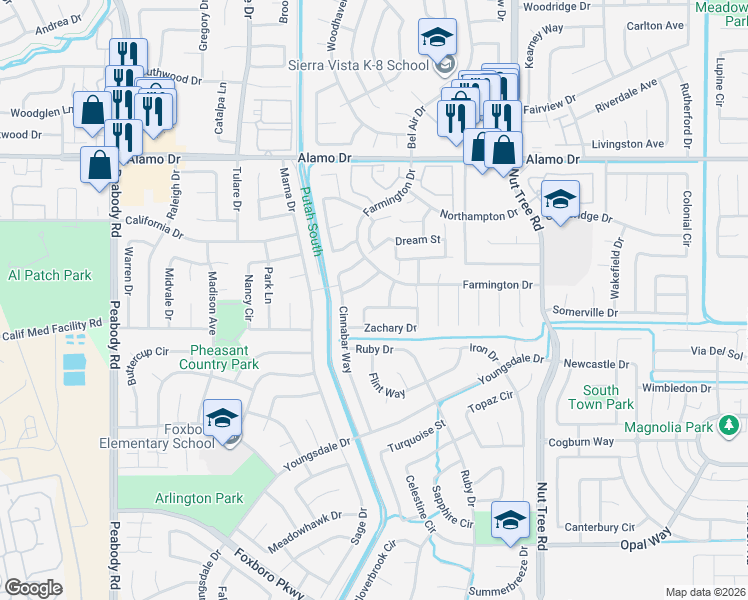 map of restaurants, bars, coffee shops, grocery stores, and more near 212 Paris Way in Vacaville