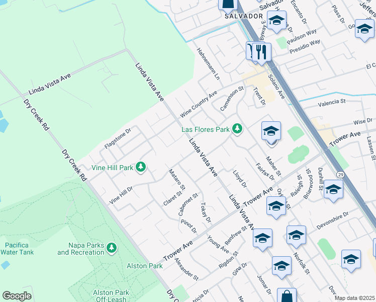 map of restaurants, bars, coffee shops, grocery stores, and more near 4220 Chardonnay Court in Napa
