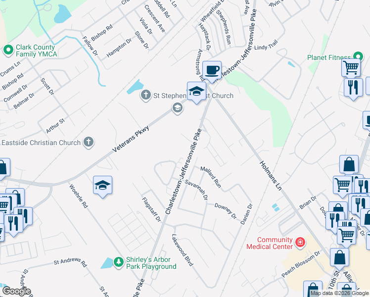 map of restaurants, bars, coffee shops, grocery stores, and more near 2715 Charlestown Pike in Jeffersonville