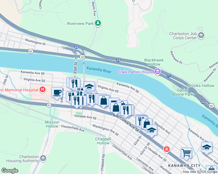 map of restaurants, bars, coffee shops, grocery stores, and more near 1-49 38th Street Southeast in Charleston