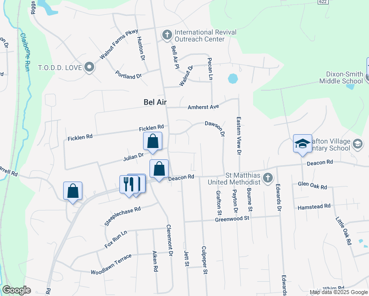 map of restaurants, bars, coffee shops, grocery stores, and more near 8 Shephard Court in Fredericksburg