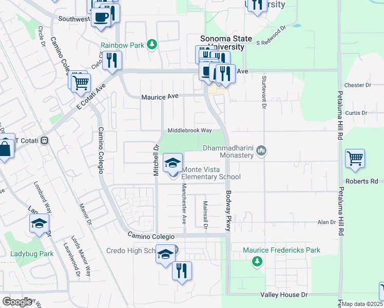 map of restaurants, bars, coffee shops, grocery stores, and more near 1509 Madison Avenue in Rohnert Park