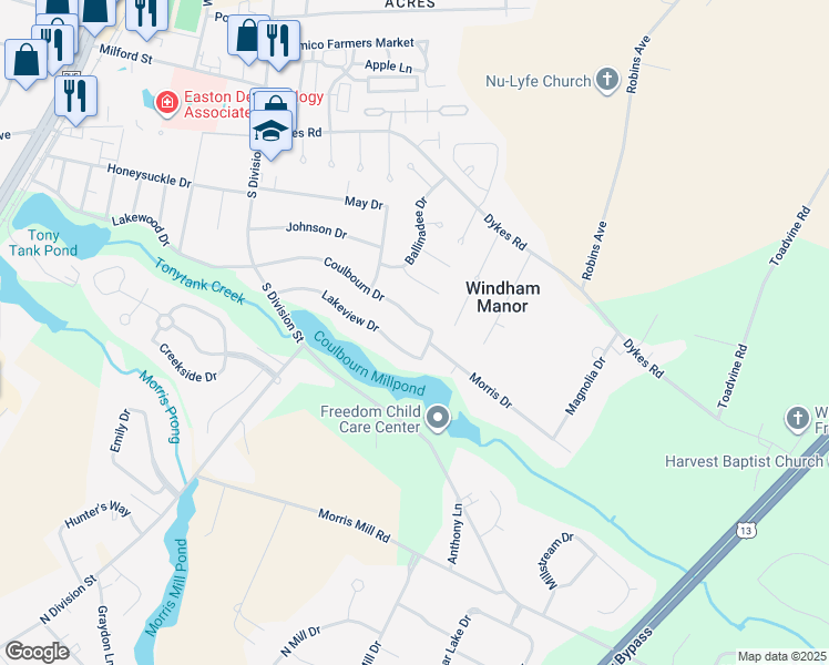 map of restaurants, bars, coffee shops, grocery stores, and more near 138 Coulbourn Drive in Salisbury
