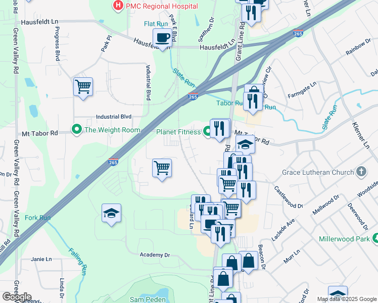 map of restaurants, bars, coffee shops, grocery stores, and more near 703 Victoria Court in New Albany