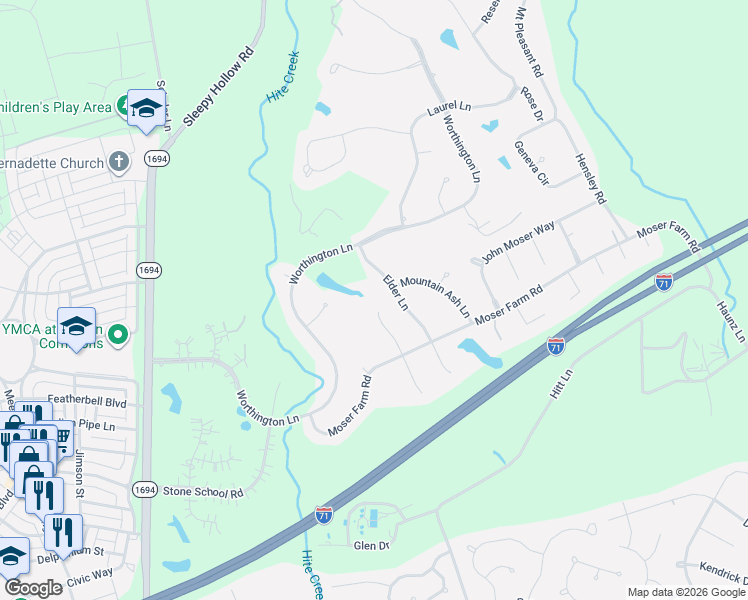 map of restaurants, bars, coffee shops, grocery stores, and more near 10600 Elder Lane in Prospect
