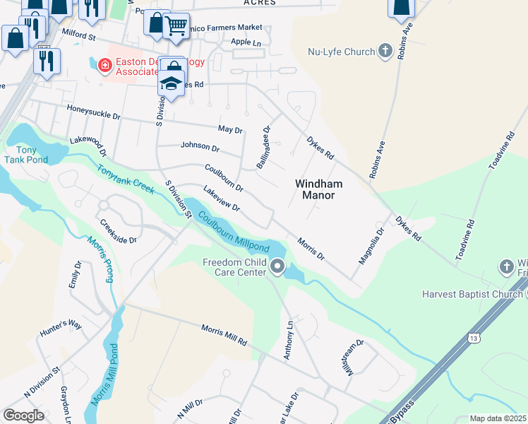 map of restaurants, bars, coffee shops, grocery stores, and more near 138 Coulbourn Drive in Salisbury
