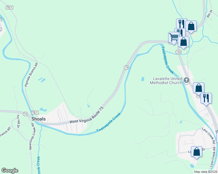 map of restaurants, bars, coffee shops, grocery stores, and more near 3870 West Virginia 75 in Huntington
