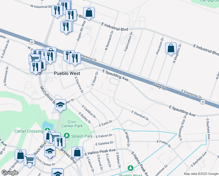 map of restaurants, bars, coffee shops, grocery stores, and more near 179 South Stardust Court in Pueblo West