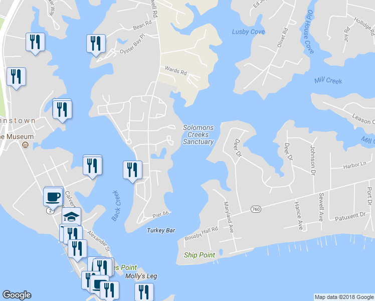 map of restaurants, bars, coffee shops, grocery stores, and more near 14936 Dowell Road in Calvert County