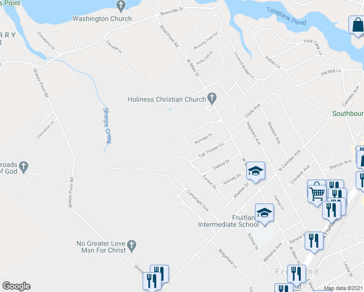 map of restaurants, bars, coffee shops, grocery stores, and more near 126 Nentego Drive in Fruitland