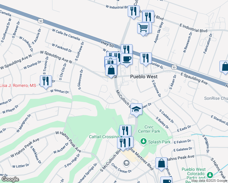 map of restaurants, bars, coffee shops, grocery stores, and more near 151 South Casa Monterey Way in Pueblo West