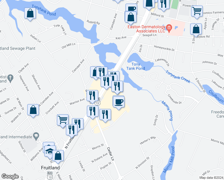 map of restaurants, bars, coffee shops, grocery stores, and more near 413 N Fruitland Blvd in Salisbury