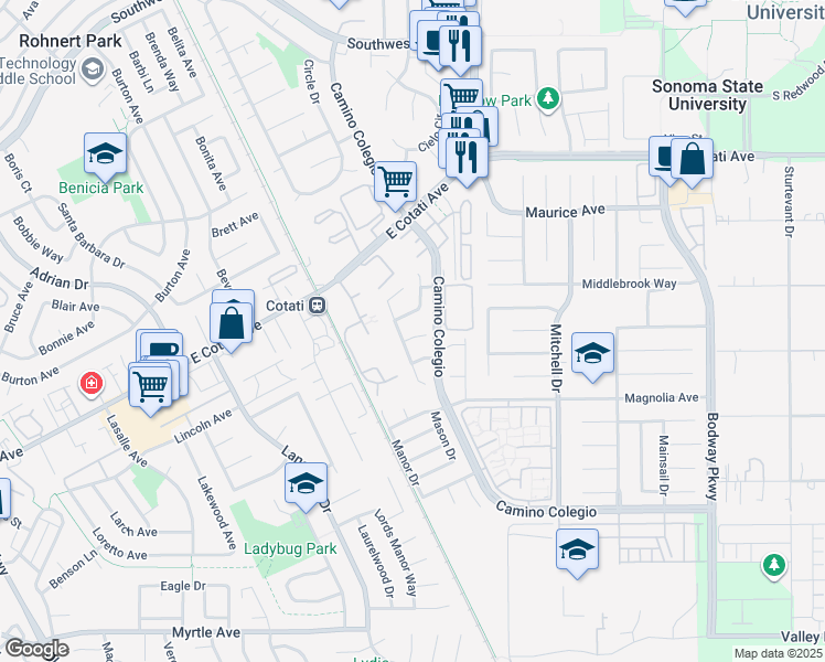 map of restaurants, bars, coffee shops, grocery stores, and more near 1258 Marlene Court in Rohnert Park