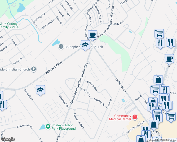 map of restaurants, bars, coffee shops, grocery stores, and more near 6 Charlestown-Jeffersonville Pike in Jeffersonville