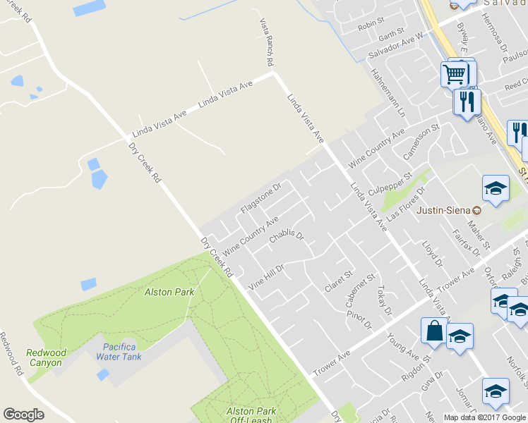 map of restaurants, bars, coffee shops, grocery stores, and more near Allegheny Dr & Primrose Way in Napa