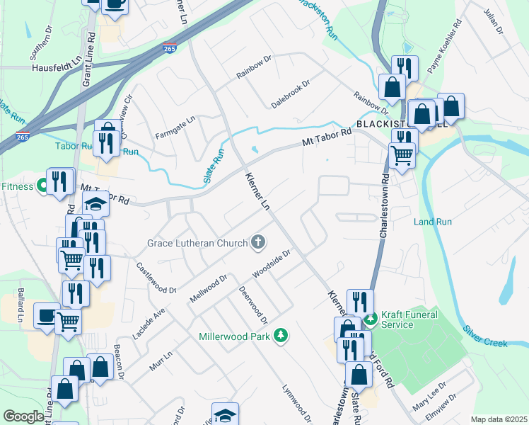 map of restaurants, bars, coffee shops, grocery stores, and more near 1029 Cliffwood Drive in New Albany