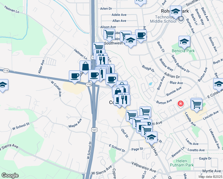 map of restaurants, bars, coffee shops, grocery stores, and more near 7764 Old Redwood Highway in Cotati