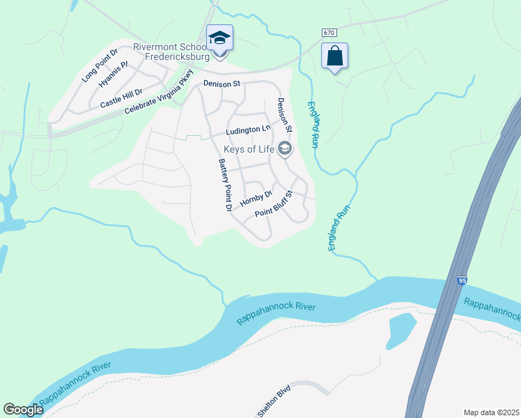 map of restaurants, bars, coffee shops, grocery stores, and more near 15 Point Bluff Street in Fredericksburg