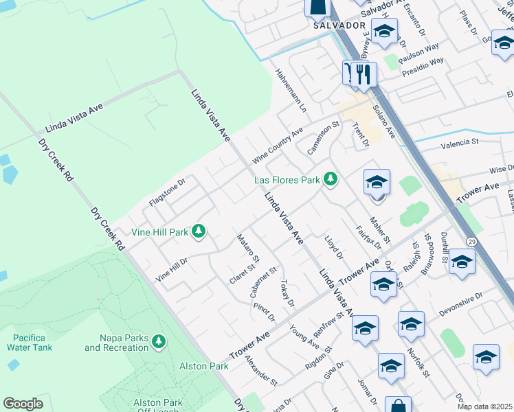 map of restaurants, bars, coffee shops, grocery stores, and more near 4220 Chardonnay Court in Napa