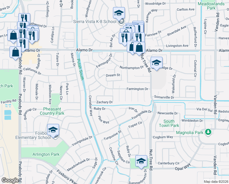 map of restaurants, bars, coffee shops, grocery stores, and more near 491 Zachary Drive in Vacaville