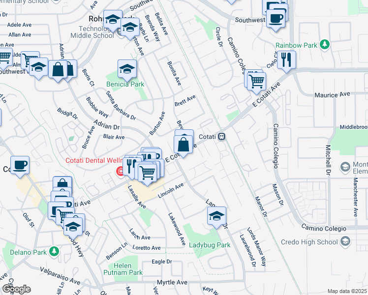 map of restaurants, bars, coffee shops, grocery stores, and more near 791 East Cotati Avenue in Rohnert Park
