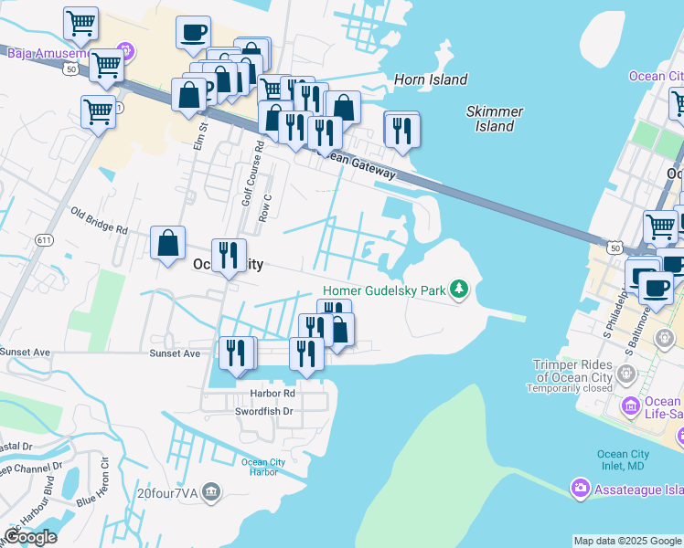 map of restaurants, bars, coffee shops, grocery stores, and more near 12929 Old Bridge Road in Ocean City