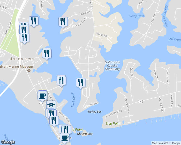 map of restaurants, bars, coffee shops, grocery stores, and more near 14409 Paddington Court in Solomons
