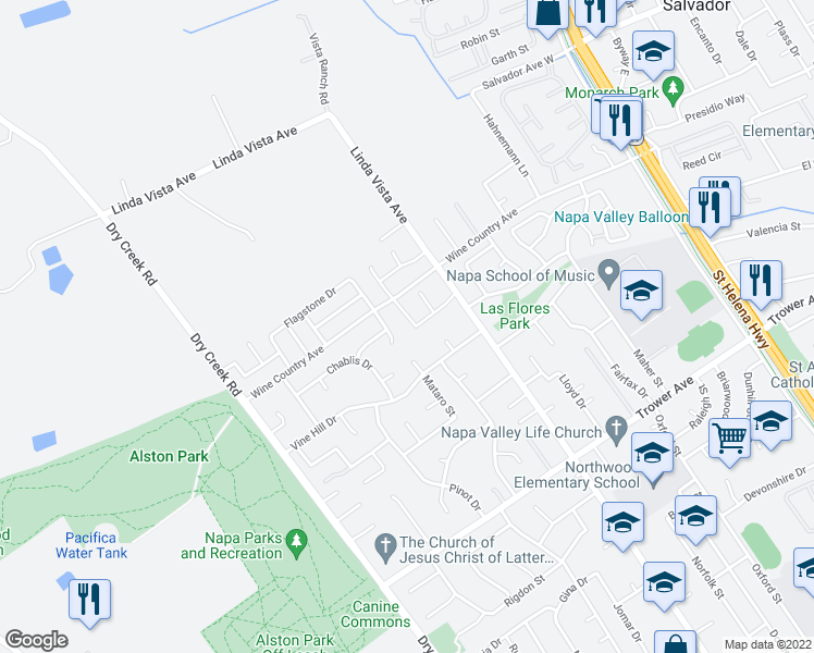map of restaurants, bars, coffee shops, grocery stores, and more near 47 Winedale Lane in Napa