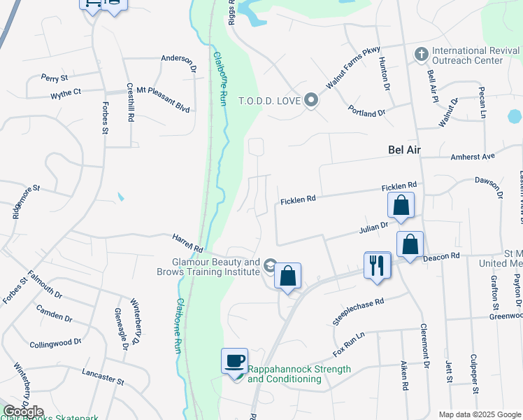 map of restaurants, bars, coffee shops, grocery stores, and more near 7 Townes Place in Fredericksburg