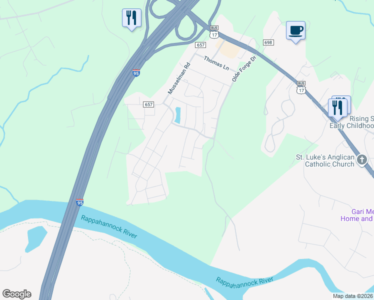map of restaurants, bars, coffee shops, grocery stores, and more near 205 Tree Line Drive in Fredericksburg