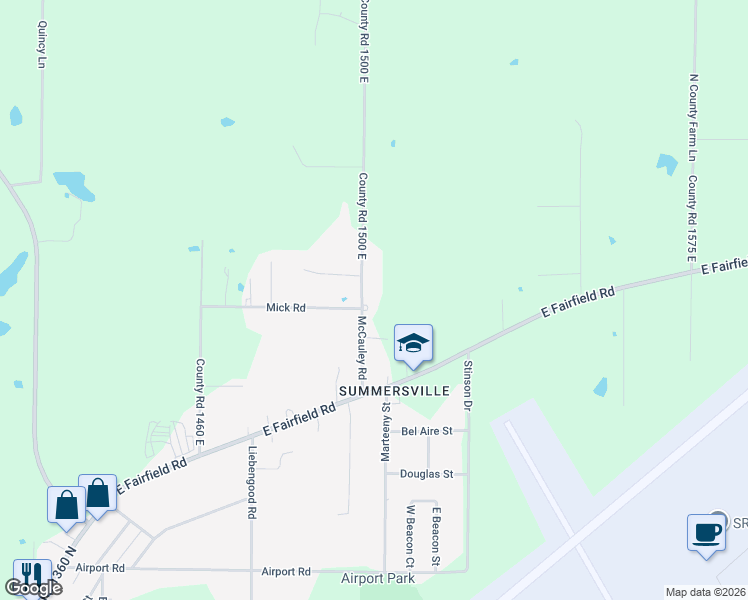 map of restaurants, bars, coffee shops, grocery stores, and more near 165-199 Co Road 1500 East in Mount Vernon