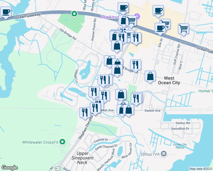 map of restaurants, bars, coffee shops, grocery stores, and more near Maryland 611 in Ocean City