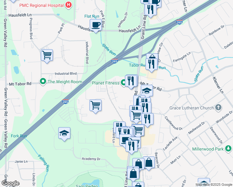 map of restaurants, bars, coffee shops, grocery stores, and more near 3440 Tabor Court in New Albany