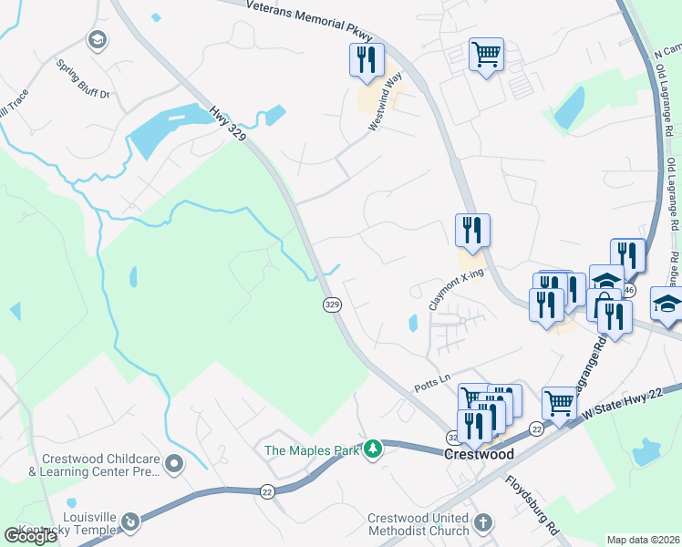 map of restaurants, bars, coffee shops, grocery stores, and more near 6712 Hypoint Ridge Road in Crestwood