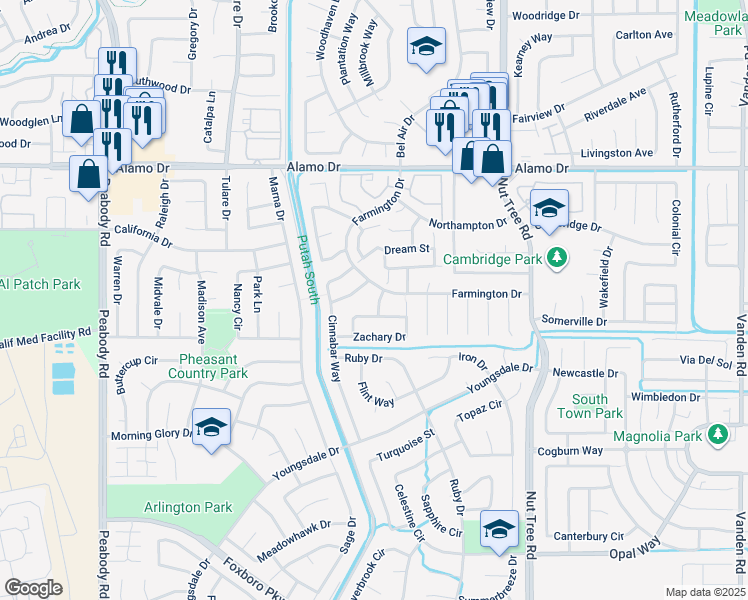 map of restaurants, bars, coffee shops, grocery stores, and more near 212 Paris Way in Vacaville
