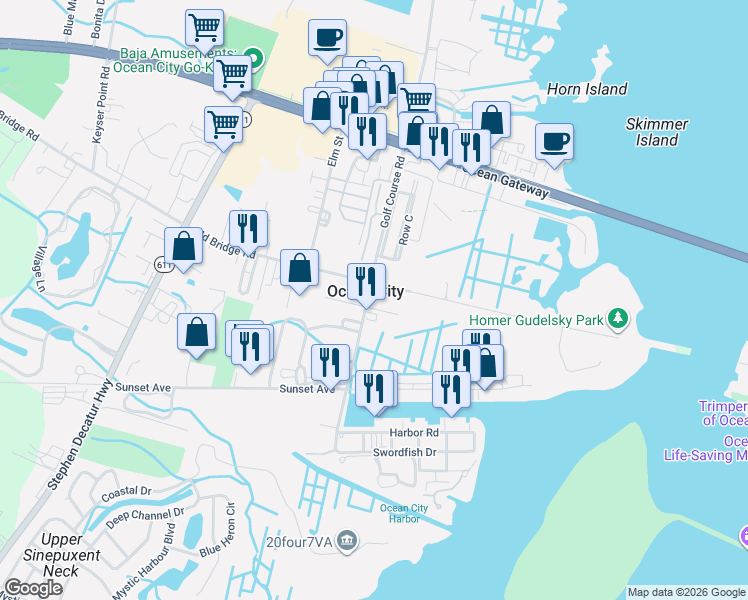 map of restaurants, bars, coffee shops, grocery stores, and more near 12813 Townsend Road in Ocean City